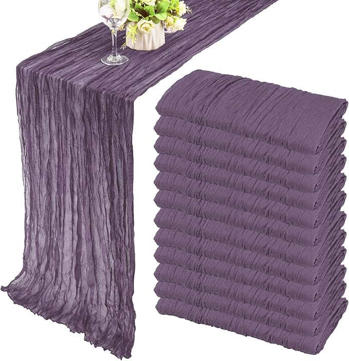 Fivenl 12 Pack Grape Cheesecloth Boho Gauze Table Runner 35x72 Inch Rustic Elegant Long Table Runner Wedding Bridal Shower Birthday Party Table Decor