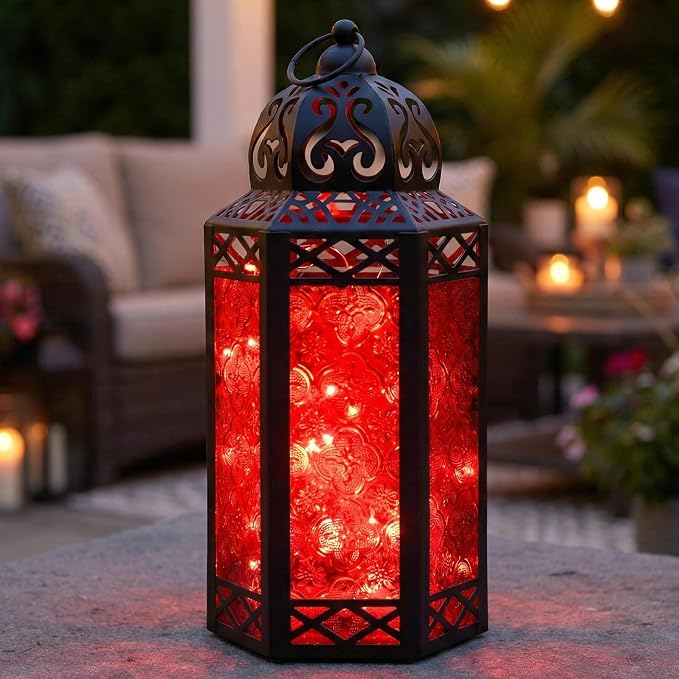 Vela Lanterns Decorative Indoor Red Gothic Fairy Light Candle Holder, L | Witchy Whimsigoth Fantasy Home Decor, Halloween Vampire Spooky, Moroccan Metal Hanging Flameless LED Lamp, 12" Tall