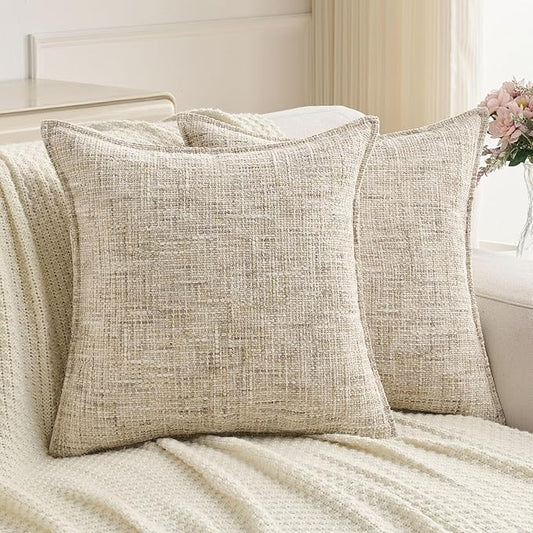 FUTEI Pack of 2 Chenille Tweed Vintage Throw Pillow Covers 26x26 Inch Soft Decorative Euro Pillow Shams Modern Farmhouse Accent for Couch Bed Living Room, Beige