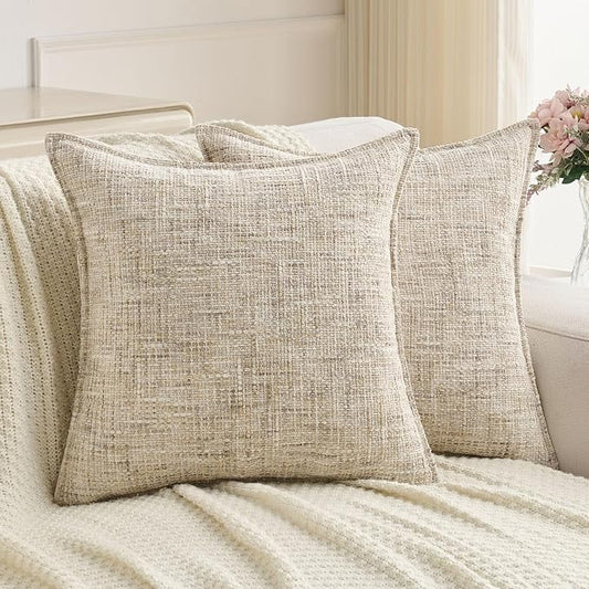 FUTEI Pack of 2 Chenille Tweed Vintage Throw Pillow Covers 22x22 Inch Soft Decorative Cushion Case Modern Farmhouse Accent for Couch Bed Living Room, Beige