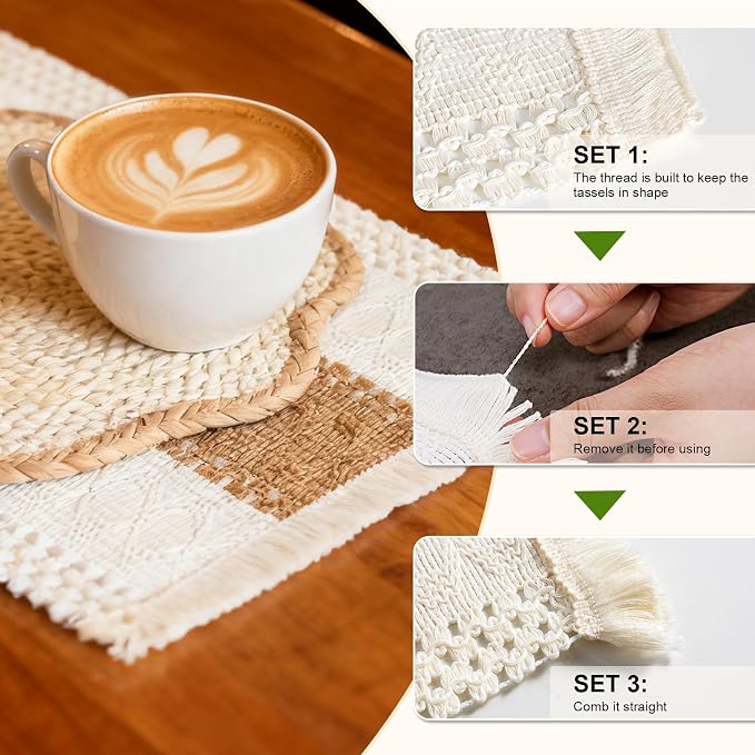 4pc Sunflower Rattan Placemat Set, Woven Boho Table Mats, Natural | 4 cotton runners (24x11") & 4 woven mats. Heat-resistant & eco-friendly. Perfect for boho, farmhouse decor & parties.