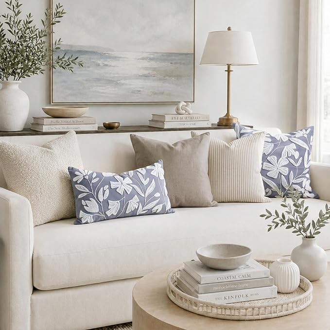 BlissBlush Decorative Lumbar Pillow Cover 12x20, Coastal Dusty Blue Accent Velvet Throw Pillowcase for Couch Sofa Living Room, Floral Tufted Rectangular Cushion, Cover Only