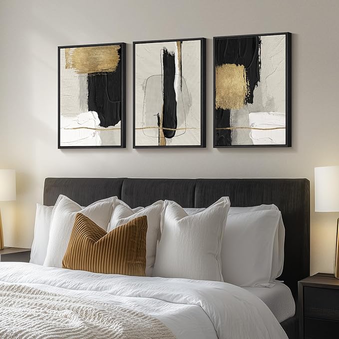 Framed Black and White Abstract Wall Art Set, 3 Piece Modern Canvas Prints | Modern Paintings, Minimalist Artwork, Gold Beige Block Pictures, Wood Frame, Living Room Office Bedroom Wall Decor 16x24 Inch