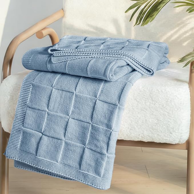 Whale Flotilla Checkered Knit Throw Blanket for Couch, Blue | Soft Decorative Knitted Blankets for Couch Sofa Bed, Lightweight Cozy Throws for Spring Summer, 60x80 Inch