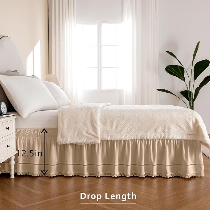 MIYE Wrap Around Ruffled Lace Bed Skirt, Elastic Dust Ruffle with Adjustable Belts, Easy to Put On, Bed Frame Cover, Machine Washable (Floral Lace/Beige, King/Queen-12.5" Drop)