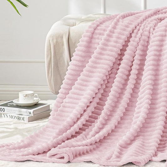 BEDELITE 3D Ribbed Cherry Blossom Fleece Twin Blanket for Bed, 60x80 Inch | Soft Warm Decorative Fluffy Blanket, Cozy Plush Lightweight Fuzzy Throw Blanket for Couch Sofa Room Decor, Gift for Women