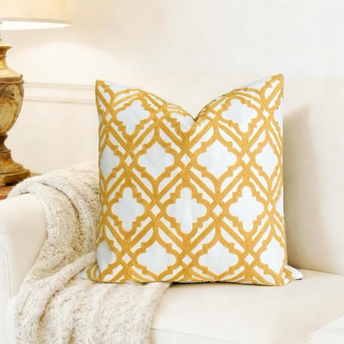 Slow Cow Embroidery Decorative Throw Pillow Cover for Couch Sofa Home Decor Modern Geometric Accent Pillow Cushion Cover 18 x 18 Inches Yellow