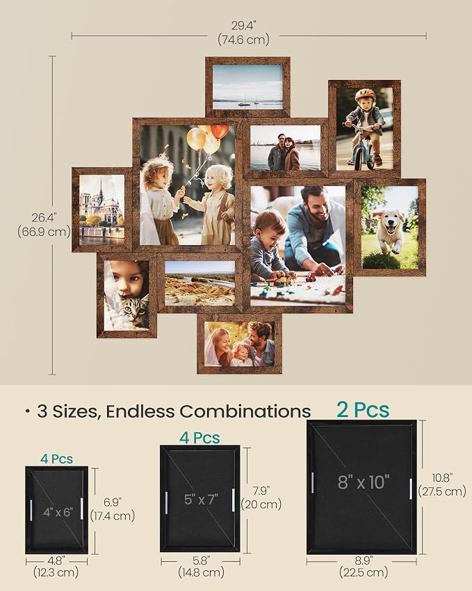 SONGMICS 10 Tool-Free Assembly Collage Photo Frames for Wall | Multi Picture Frames, Two 8 x 10 Inches, Four 5 x 7 Inches, Four 4 x 6 Inches, Rustic Brown, KAVI Collection URPF100MZ01