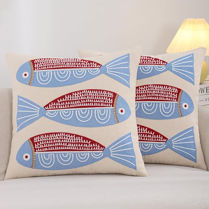 LUOYEHK Summer Embroidered Throw Pillow Covers 18x18 Inch Pack of 2 Coastal Canvas Beach Cushion Covers for Couch Sofa Bed Living Room (Red Fish)
