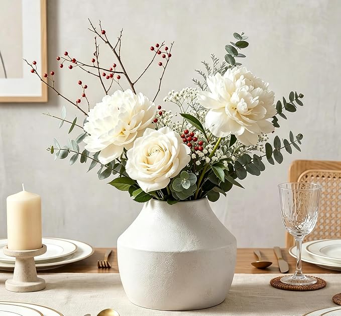 White Ceramic Flower Vase for Centerpieces, 5.2in Small Hydrangea Vase | Waterproof Pottery Vases for Flower, Hydrangeas, Home Decor, Living Room,Table Decorative, Handcrafted