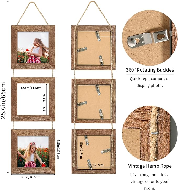 5x5 Collage Picture Frames Set of 2, Rustic Wooden Real Glass Vertical Hanging 3 Opening 5 by 5 Photo Frame, Rustic Brown