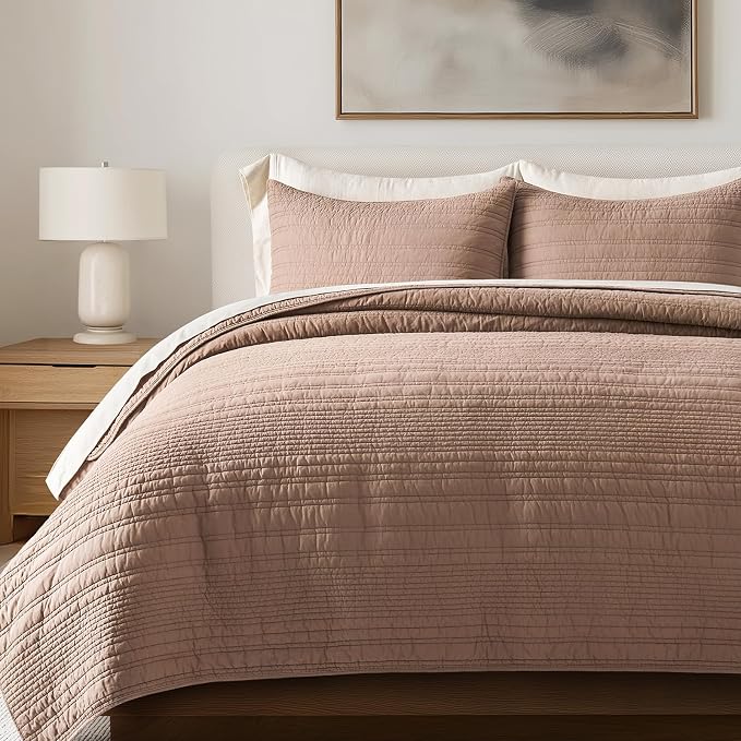 EVERGRACEHOME 100% Cotton Modern Lines Quilt Set Queen Size, Rose Dust | Pre-Washed Soft Cotton, Striped Coverlet Bedspread, 3 Piece Lightweight Bedding Set for All Season, with 2 Pillow Shams