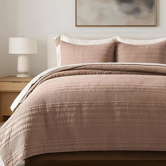 EVERGRACEHOME 100% Cotton Modern Lines Quilt Set King Size, Rose Dust | Pre-Washed Soft Cotton, Striped Coverlet Bedspread, 3 Piece Lightweight Bedding Set for All Season, with 2 Pillow Shams
