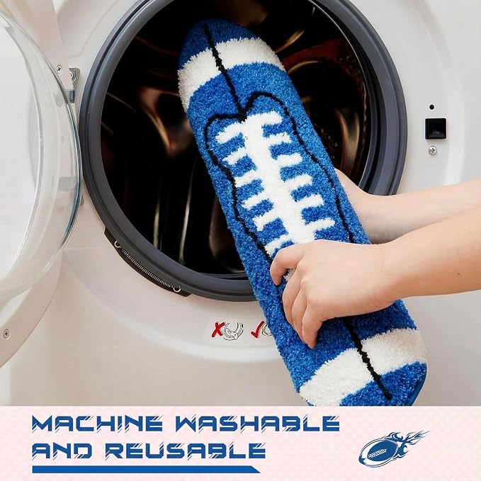 Funtery Football Rug for Boys and Sports Fan Room Decor Play Area Non Slip Mat Sports Area Rug Plush Carpet Bedroom Bathroom Door Soccer Game Day (Royal Blue & White, 32x20", Football)