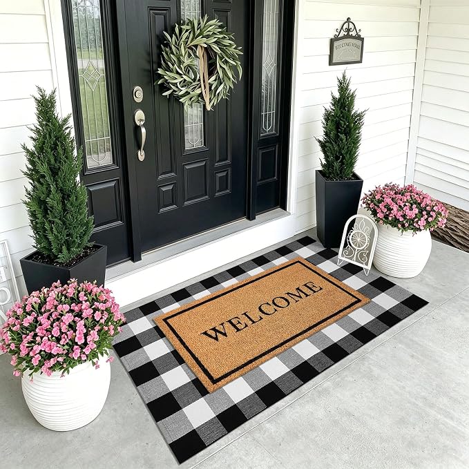 KOZYFLY Buffalo Plaid Area Rugs 3x5 Ft Black and White Checkered Rug Washable Front Door Mat Hand Woven Cotton Outdoor Rug Large Rug for Front Porch Kitchen Entryway Patio Bathroom | Washable Front Door Mat, Woven Cotton Outdoor Rug, Large Rug for Fron...