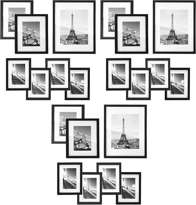 SONGMICS Picture Frames Set of 7 Pieces, One 11 x 14 Inches, Two 8 x 10 Inches, Four 6 x 8 Inches, with White Mat, Real Glass, for Multiple Photos, Black URPF37BK (Pack of 3)
