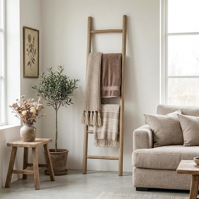 Wooden Blanket Ladder - 76in Natural Wood Color- Leaning Wall Decor for Bedroom, Bathroom, Living Room - Rustic Quilt Holder (Natural Wood Color (Knock Down), 76in | Knock Down)