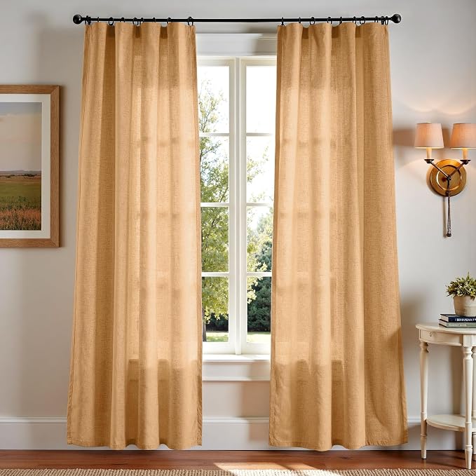 jinchan Linen Curtains Light Filtering Back Tab 50x84 Inch 2 Panels Yellow | Semi Sheer Curtains 84 inch length for Bedroom Living Room, Modern Farmhouse Drapes with Rod Pocket, Natural Boho Curtains