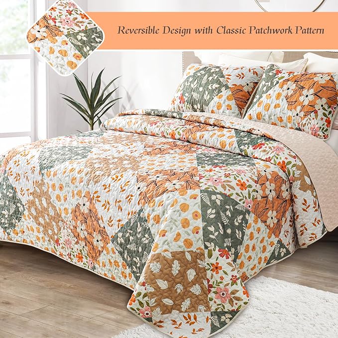 Whale Flotilla California King Size Quilt Set, Extra Soft Floral Bedspreads | Orange Reversible Lightweight Oversized King Quilt Bedding Set for Bed, Printed Coverlets with 2 Pillow Shams for All Seasons