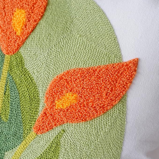 vctops Farmhouse Calla Lily Cotton Tufted Throw Pillow Cover Spring Floral Embroidery Pillowcase Soft Square Cushion Case for Sofa Couch Bed Chair (Orange C,18"x18")