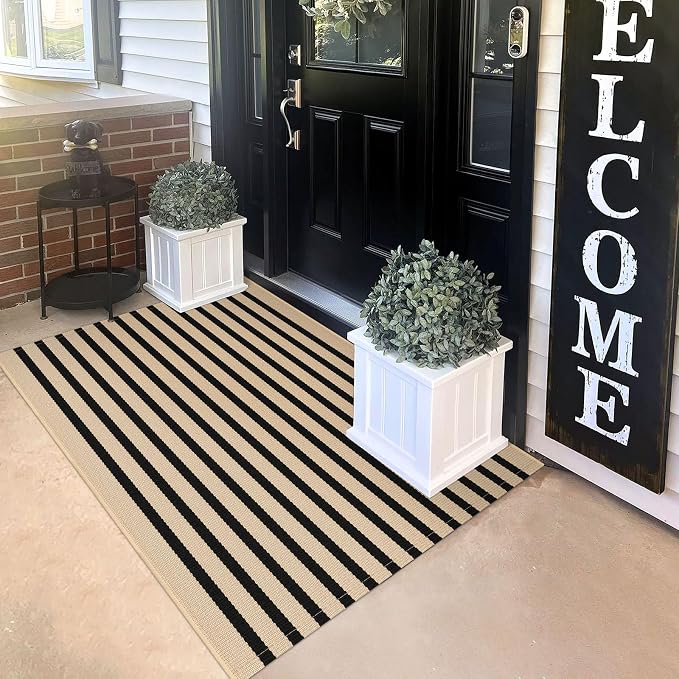 KILOCOCO Striped Rug 3x5 ft Washable Front Door Outdoor Rug, Brown Black | Cotton Layered Doormats, Washable Front Porch Rug, Woven Low Pile Welcome Mat for Kitchen Entryway Farmhouse Patio