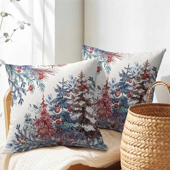 Christmas Tree Throw Pillow Covers 24x24 Inch Set of 2 Winter Watercolor Pine Trees Red Berry Bells Birds Decorative Pillowcase Xmas Holiday Cotton Linen Cushion Cover for Home Sofa Couch Patio