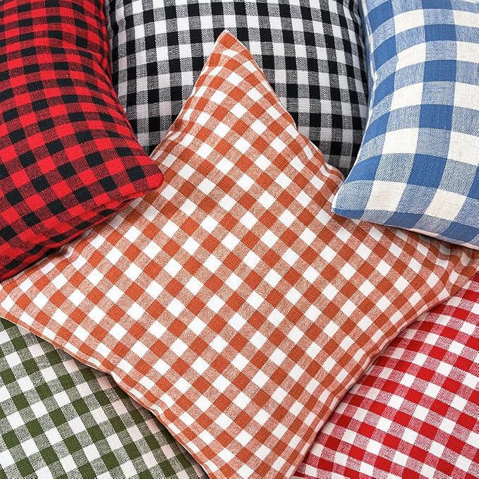 Red and White Outdoor Christmas Gingham Plaid Throw Pillow Covers 18x18 | Set of 2 Christmas Plaid Decor Pillow Covers 18 x 18, Cotton Textured, Vintage Farmhouse Rustic Red Christmas Xmas Decor