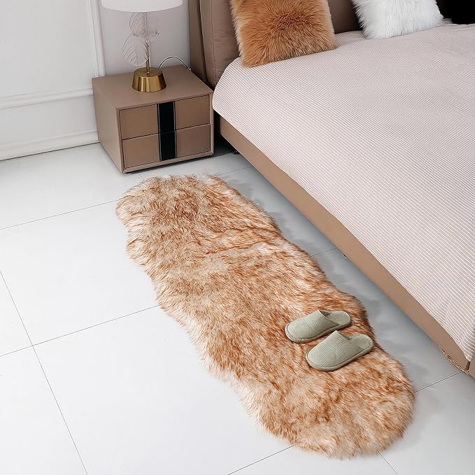 linmopm Faux Fur Sheepskin Rug, 2x6 ft Runner, White and Yellow | Shag Fluffy Fuzzy, High-Density Cushion, For Bedroom Bedside Living Room, Plush Carpet, Sofa Cover
