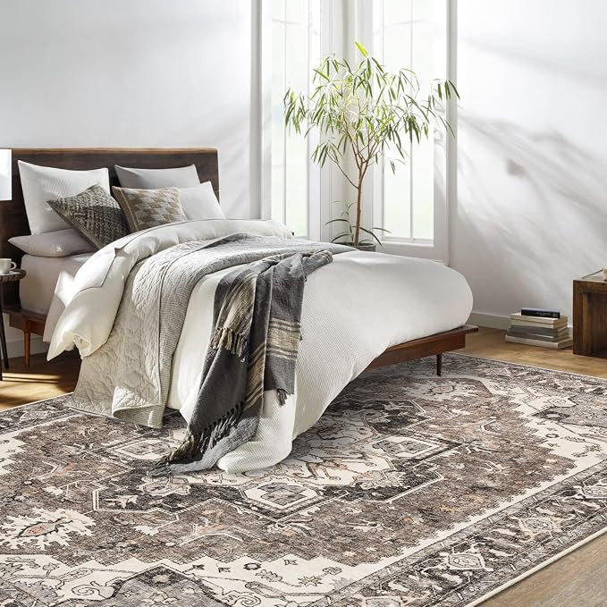 Washable Living Room Area Rug - 8x10 Large Bedroom Rug Distressed Oriental Non-Slip Non-Shedding Print Floor Carpet for Dining Room Kitchen (Beige, 8 x 10)