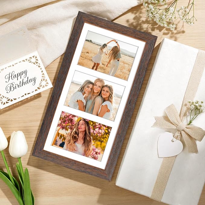 Golden State Art, Collage Frame 7x14 for 3 4x6 Photos Wood Distressed Brown