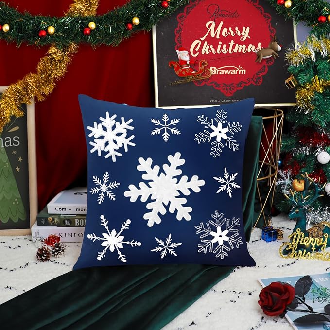 BRAWARM Christmas Pillow Cover 20 X 20 Inches, Navy Blue Snowflake Embroidered Pillow Cover, Soft Velvet Decorative Throw Pillow for Couch Bed Sofa Living Room Home