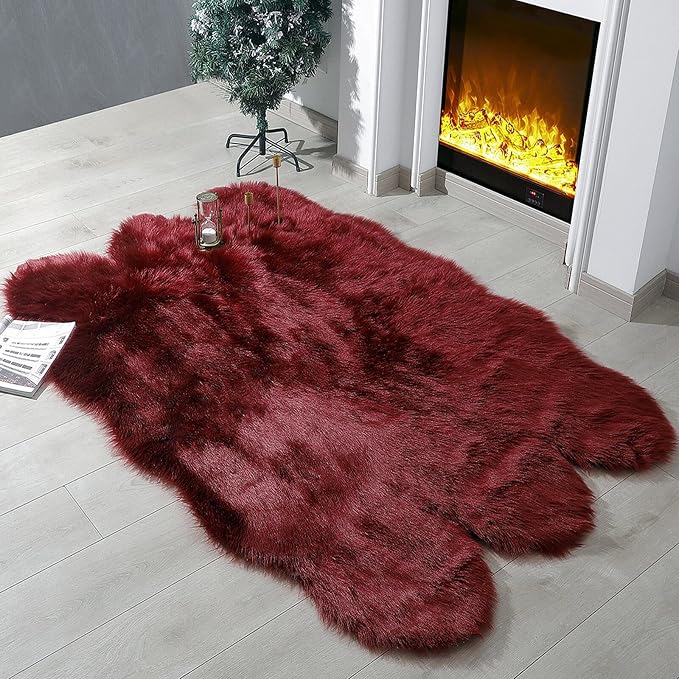 linmopm Faux Fur Rug Sheepskin Shag Fluffy Fuzzy Red 4x6 ft Rugs for Bedroom Bedside Bed Floor Living Room Plush High-Density Cushion Carpet Super Sofa Cover
