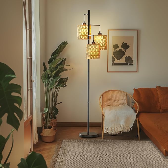 Maxax 65" Boho Rattan Floor Lamp for Living Room, 3 Lights Farmhouse Tree Standing Lamp with Rattan Shades, Multi Head Vintage Tall Floor Lights for Bedroom, Living Room, Office