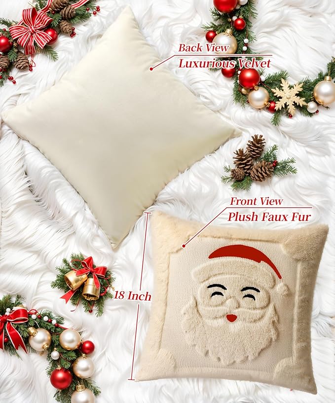 Christmas Pillow Covers Set of 2 Soft Plush Faux Fur Pillow Cases 3D Embroidered Decorative Couch Cover Home Decor Christmas Throw Pillow Covers 18x18,Beige Santa Clauss