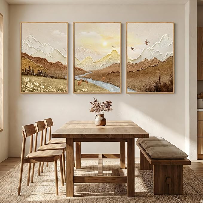 Framed Brown Abstract Mountain Wall Art for Living Room, 3 Piece, 24x36 In | Landscape, Neutral, Sunset scenic, Nature, River, Deer bird print, Minimalist, Rustic, Bedroom decor, Home office, Hallway
