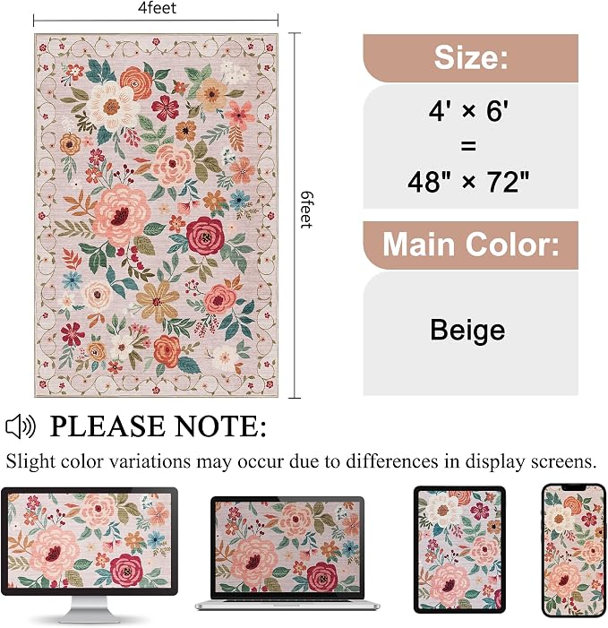 DUKINO 4x6 Area Rug, Floral Washable Rug Non Slip Office Chair Mat, Beige | Low Pile, Stain Resistant, Soft Indoor Rug for Bedroom, Living Room, Dining Room, Kids Room, Pet Friendly, Modern Home Decor
