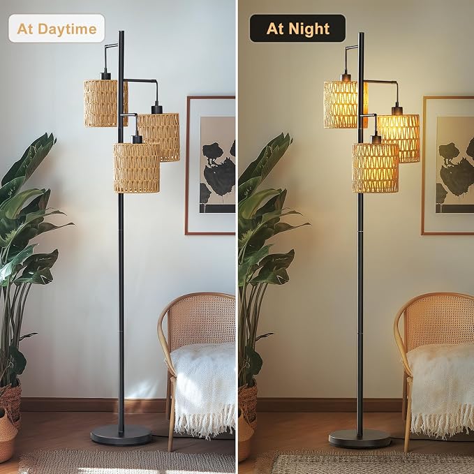 Maxax 65" Boho Rattan Floor Lamp for Living Room, 3 Lights Farmhouse Tree Standing Lamp with Rattan Shades, Multi Head Vintage Tall Floor Lights for Bedroom, Living Room, Office