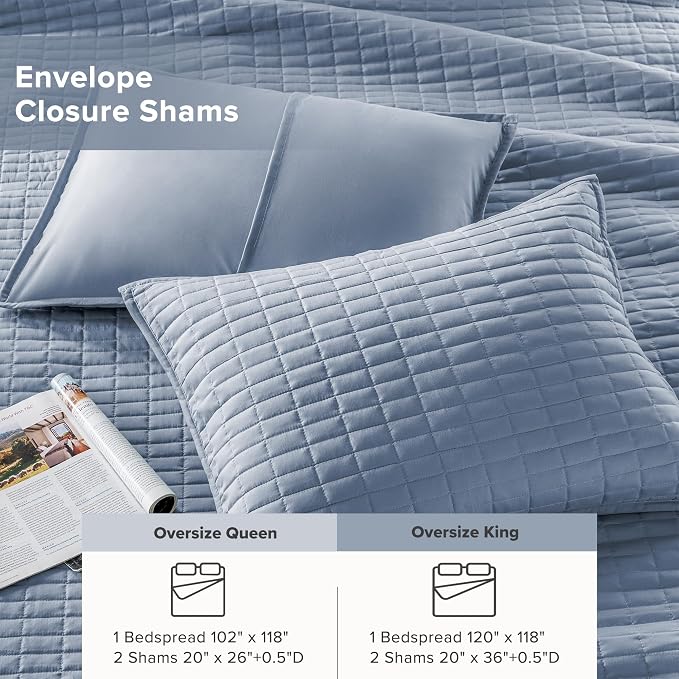 Comfort Spaces Oversized Bedspread King Quilt Set 3 Piece 120 x 118 Blue | Coverlet for Summer Soft Cozy Lightweight All Season Quilted Extra Layer with Matching Sham, Bedroom Decor OEKO-TEX Certified