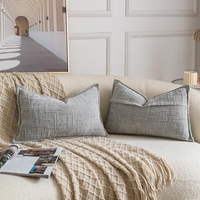 MADIZZ Pack of 2 Chenille Throw Pillow Covers 12x20 Inch Grey Soft Neutral Decorative Throw Pillows for Couch Sofa Boho Accent Cushion Covers Modern Farmhouse Home Decor for Bedroom Living Room