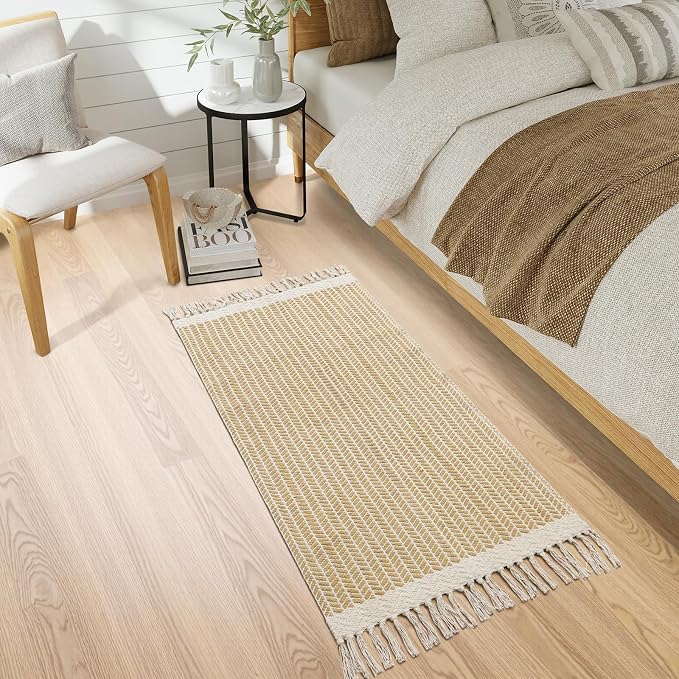 Lahome Boho Kitchen Runner Rug, 2x4.3 Washable Rugs for Bathroom Entryway | Woven Cotton Throw Mat with Tassels, Farmhouse Non Shedding Lightweight Low Pile Carpet for Bath Bedroom Doorway, Khaki