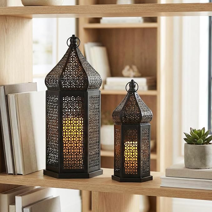 Vela Lanterns Decorative Indoor Black Moroccan Temple Lanterns, Set of 2