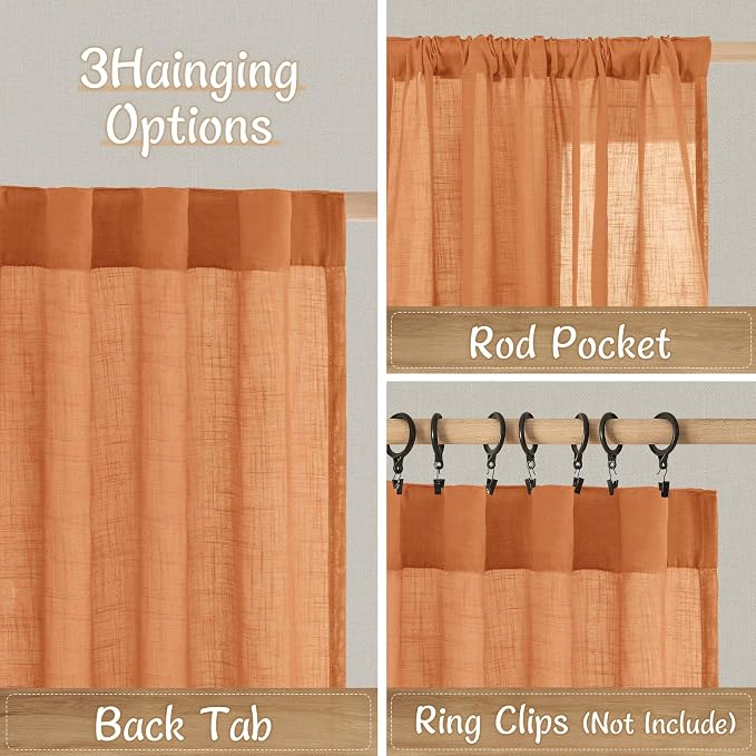 Burnt Orange Short Linen Curtains 45 Inch Length 2 Panels | Semi Sheer Light Filtering Panels, Kitchen, Curtains for Windows, Loft Room, Back Tab Rod Pocket, Country Decor, 34 x 45 Inch