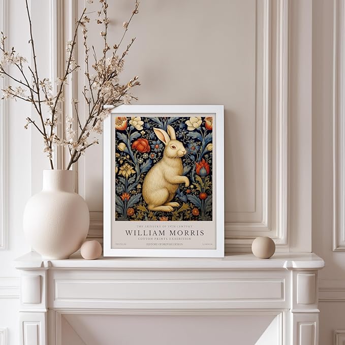 Poster Master William Morris Poster - White Rabbit Print - Flower Art - Animal Artwork - Floral Design - Bunny Illustration - Great Office or Bedroom Decor - 11x14 White Framed