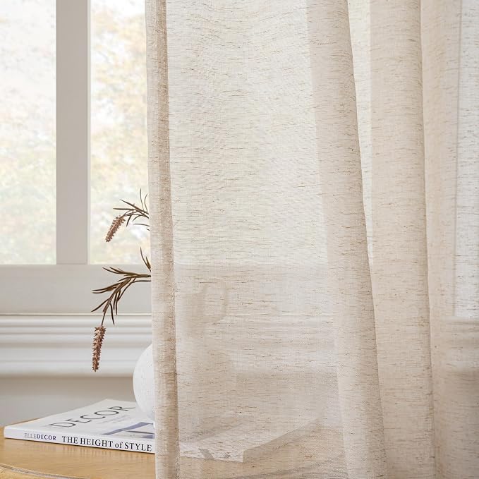 FMFUNCTEX Taupe Linen Sheer Curtains, 96 Inches, 2 Panels for Bedroom | Brown Semi Sheer Drapes, Flax Linen, Rod Pocket, Light Filtering, Farmhouse French, Kitchen, Privacy, for Living Room