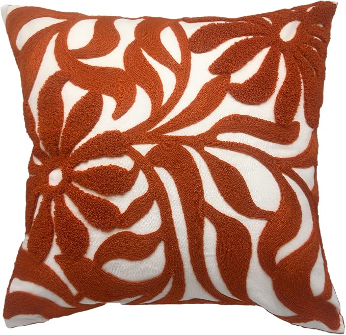 Alysheer Floral Embroidered Throw Pillow Cover 18"x18" 1pc, Burnt Orange