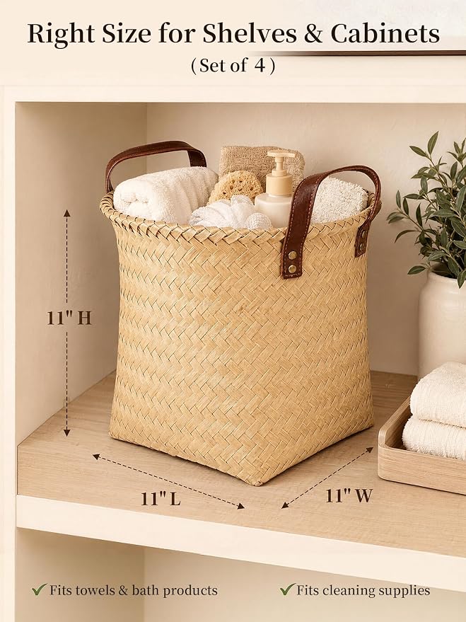 Wicker Storage Baskets, 4 Pack Woven Baskets for Shelves, Yellow | PP Rattan, Water-resistant Wicker Basket, Large Baskets with Faux Leather Handles for Blanket, Laundry Organizer, Room Decor