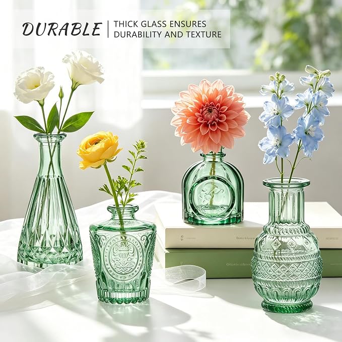 SUPMIND 6pcs Glass Bud Vase Bulk, Small Green Flower Vases for Centerpieces | Mini Vintage Vase Set of 6, Flower Vases Set for Table Centerpieces, Wedding, Home, Table Decoration