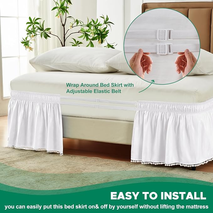 Wrap Around Bed Skirt King Size 15" Drop-Elastic Dust Ruffle White Pompom | Adjustable Pleated Bedskirt-Easy Fit Wrinkle Resistant Washable Hotel Quality Fabric Bed Skirting-Master Guest Bedroom Rental