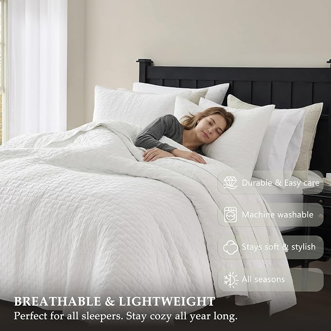 palassio White 100% Cotton Quilt Queen Size Bedding Sets with 2 Pillow Shams, Textured Lightweight Soft Bedspread Shabby Chic Coverlet, Quilted Comforter Bed Cover for All Season, 3 Pieces