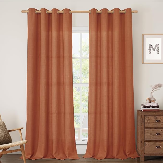 Terracotta Linen Curtains for Living Room 102 Inch Length 2 Panels | Rust Fall Decor, Light Filtering, Farmhouse, Semi Sheer, Privacy Protected, Boho Bedroom Drapes, Grommet, 52 x 102 Inch